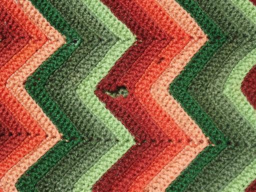 vintage ripple crochet afghan, retro striped shades of green & brown