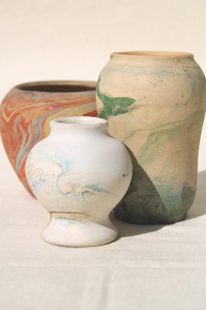 vintage roadside pottery arts & crafts swirled colors clay vases, Nemadji & Ozark pottery