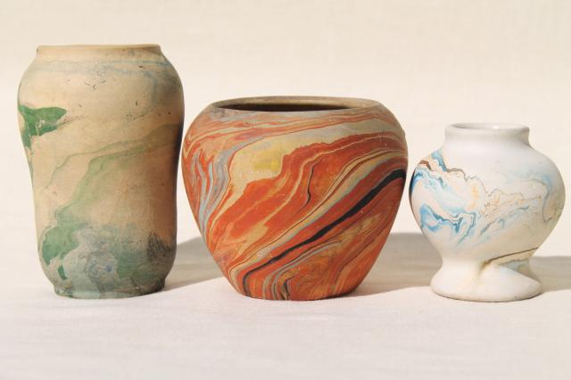 vintage roadside pottery arts & crafts swirled colors clay vases, Nemadji & Ozark pottery