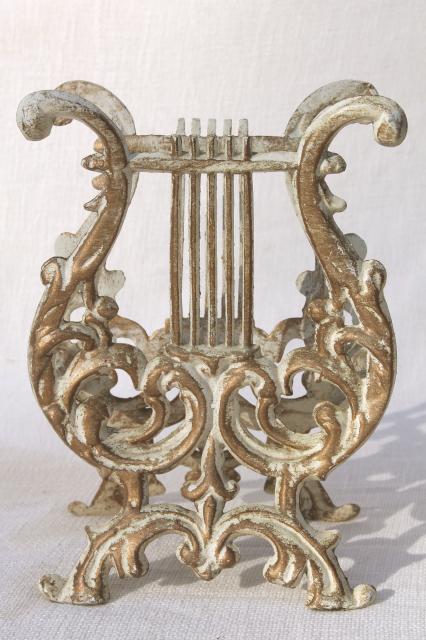vintage rococo style cast metal lyre harp music stand / magazine rack, antique gold & white