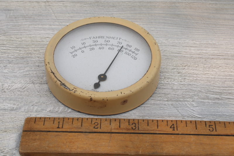 vintage room thermometer w/ small round metal frame, industrial gauge Fahrenheit temperature