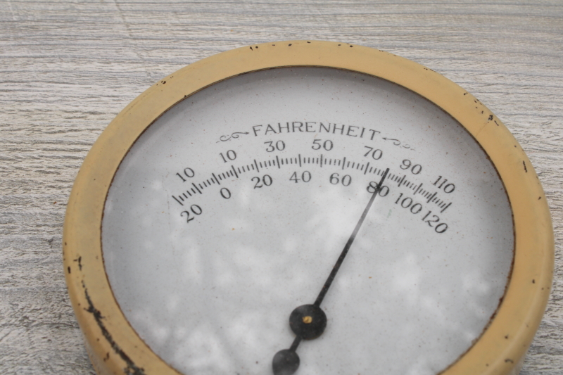vintage room thermometer w/ small round metal frame, industrial gauge Fahrenheit temperature