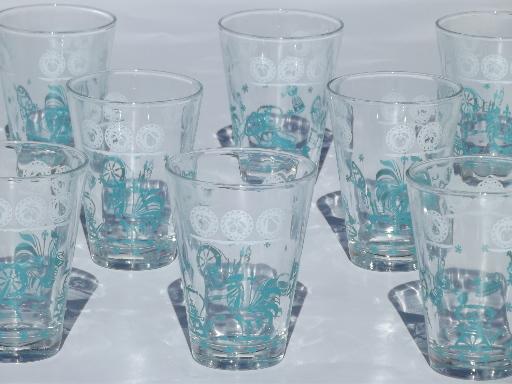 vintage rooster print drinking glasses, set of 8 aqua rooster tumblers