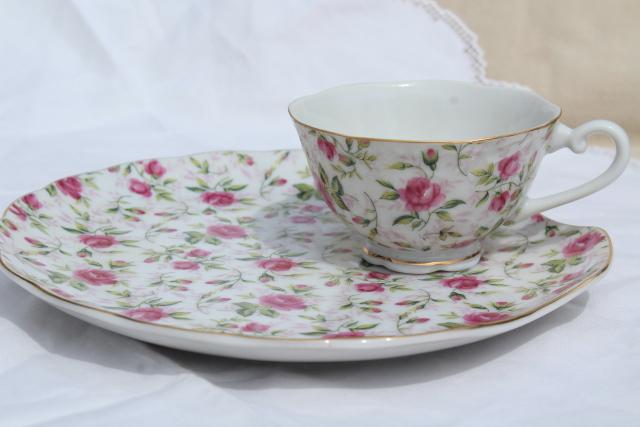 vintage rose chintz pattern Lefton china snack luncheon sets, plates & tea cups for 4
