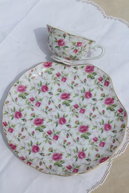 vintage rose chintz pattern Lefton china snack luncheon sets, plates & tea cups for 4