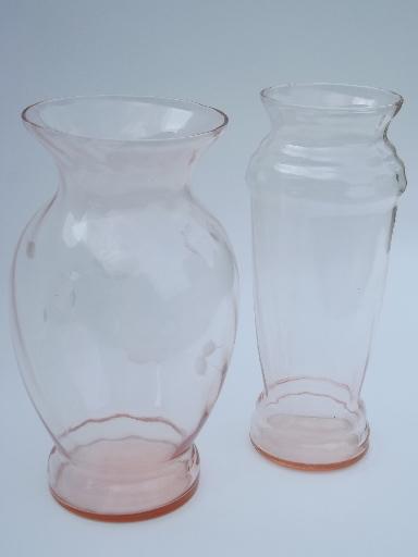 vintage rose pink depression glass flower vase lot, old antique vases