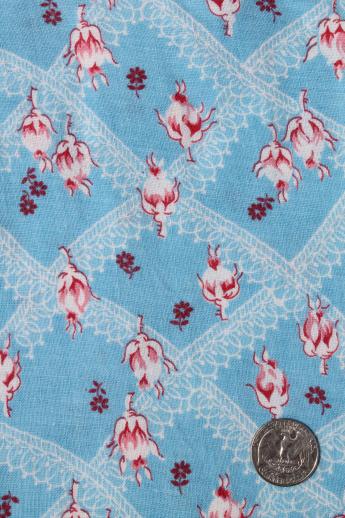 vintage rose print cotton feedsack fabric, sewn sack w/ original chain stitching