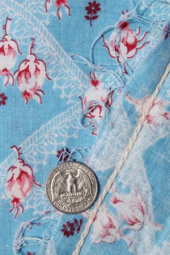 vintage rose print cotton feedsack fabric, sewn sack w/ original chain stitching