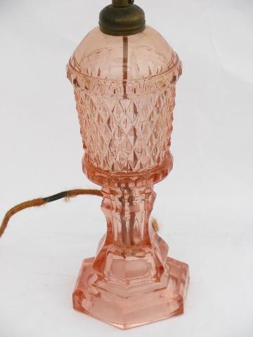 vintage rose-pink depression glass table lamp, original 1930s electric fittings