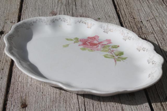 vintage roses china platters or serving trays, shabby mismatched antique rose floral dishes