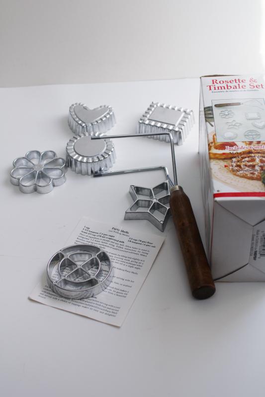 vintage rosette iron w/ patty shell molds & cookie shapes, instructions & recipe