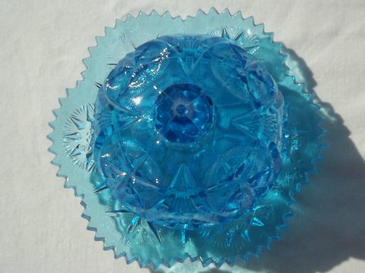 vintage round covered butter dish, aqua blue star glass dome & plate