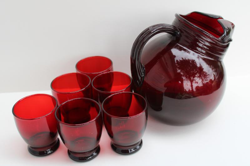 vintage royal ruby red depression glass, ball tilt pitcher & juice glasses 