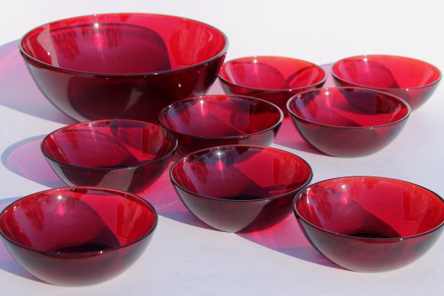 vintage royal ruby red glass bowls, salad set or popcorn / snack dishes