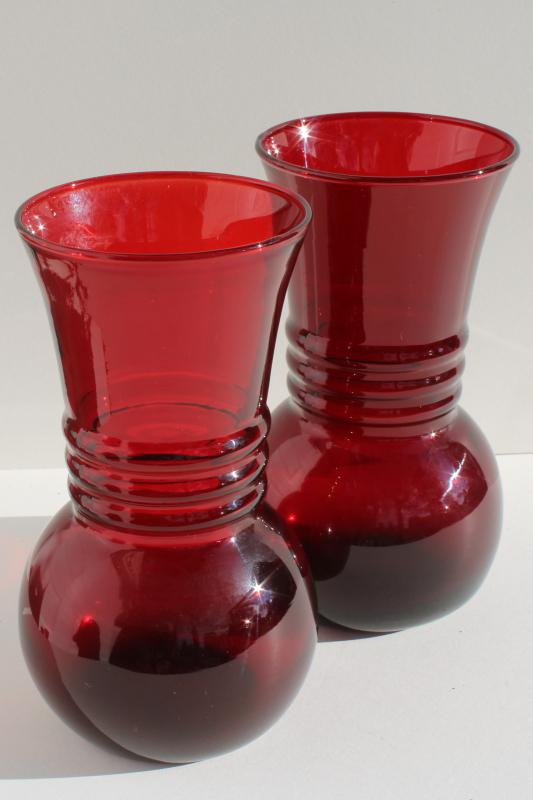 Vintage Royal Ruby Red Glass Vases Stacked Ring Band Pattern Anchor Hocking Glassware