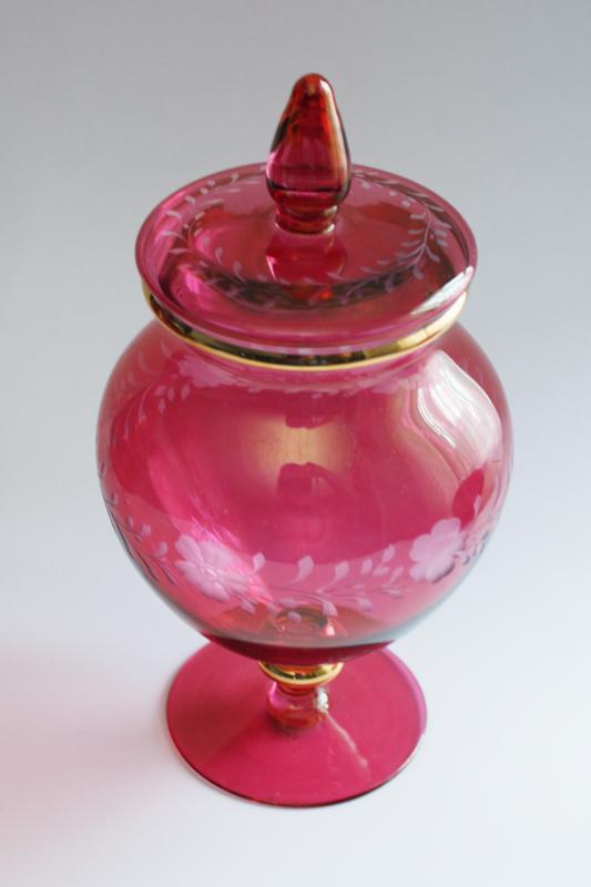 vintage ruby cranberry flash color etched glass, apothecary jars and rose bowl vase