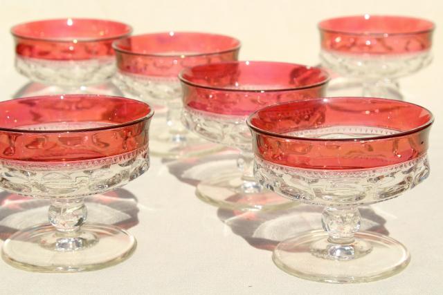 vintage ruby flashed King's Crown pattern glass, sherbet dishes or champagne glasses