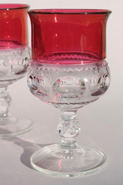 vintage ruby flashed King's Crown pattern glass stemware, set of 4 wine glasses