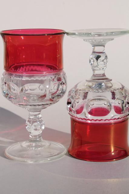 vintage ruby flashed King's Crown pattern glass stemware, set of 4 wine glasses