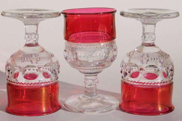vintage ruby flashed King's Crown pattern glass stemware, set of 8 wine glasses