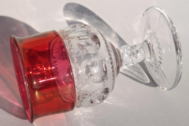vintage ruby flashed King's Crown pattern glass stemware, set of 8 wine glasses