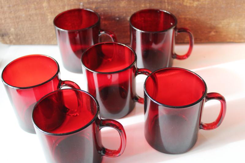vintage ruby red Color Program colored glass mugs, Arcoroc France Cristal dArques