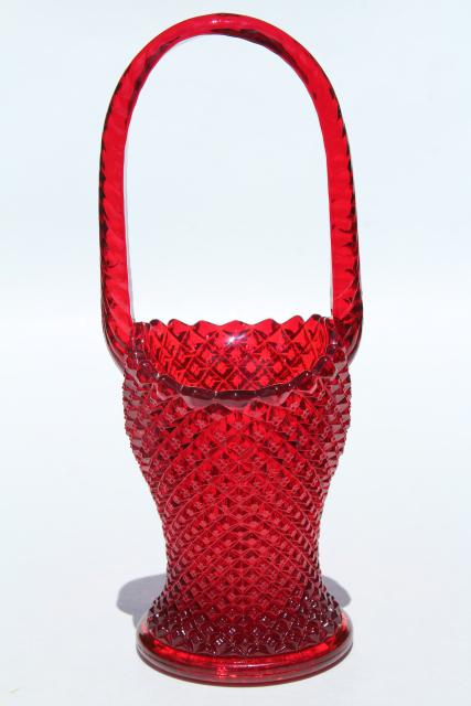 vintage ruby red glass brides basket flower vase, Westmoreland English hobnail