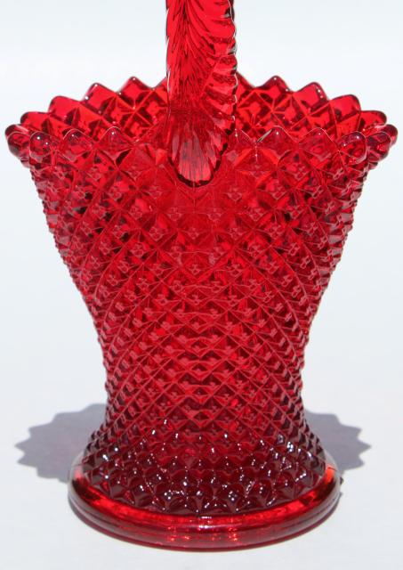 vintage ruby red glass brides basket flower vase, Westmoreland English hobnail