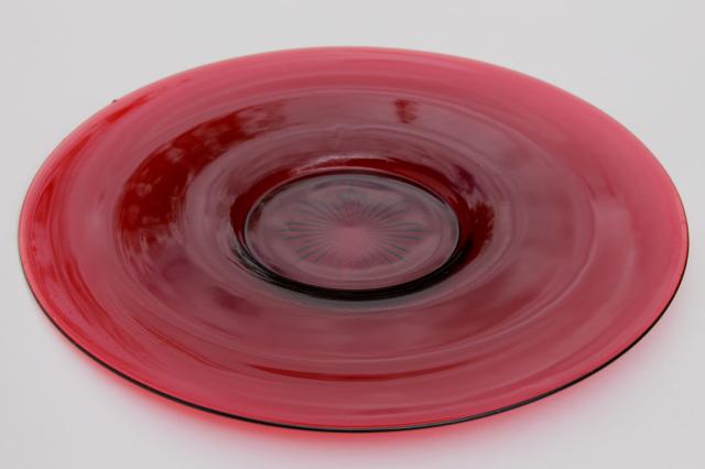 vintage ruby red glass cake plate or relish tray, French kitchen glass?