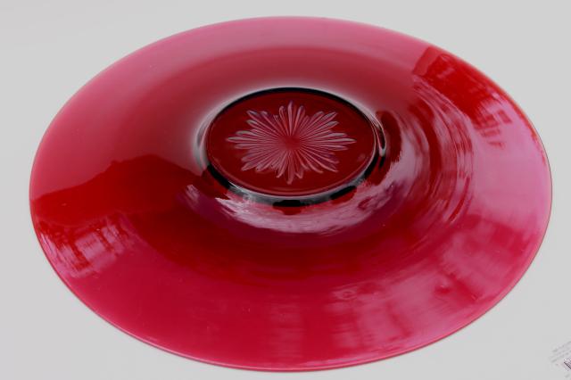 vintage ruby red glass cake plate or relish tray, French kitchen glass?