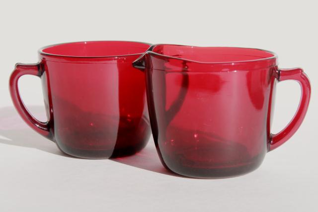 vintage ruby red glass cream pitcher & sugar bowl sets, 50s Anchor Hocking