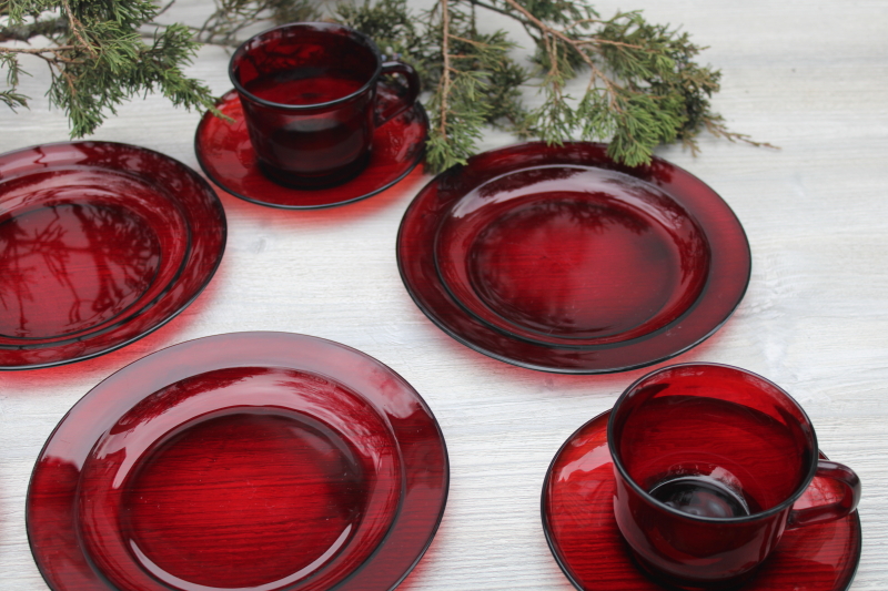 vintage ruby red glass dishes set, Arcoroc France salad or dessert plates, cups  saucers
