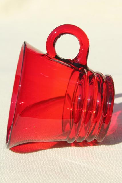 vintage ruby red glass mugs or punch cups, 1930s Paden City Penny line depression glass