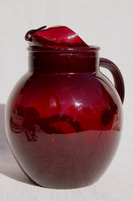 vintage ruby red glass pitcher, ball jug shape water or lemonade pitcher