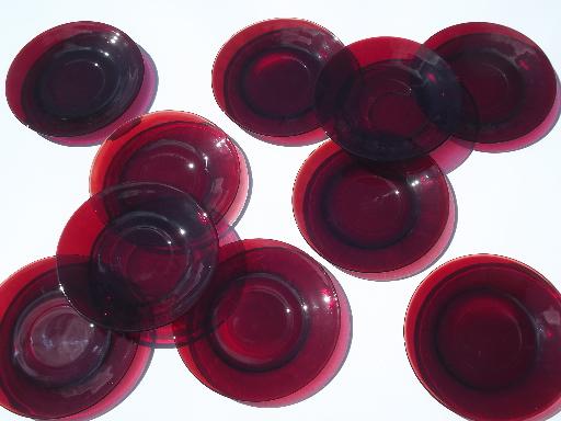 vintage ruby red glass, set of 10 small plates or saucers