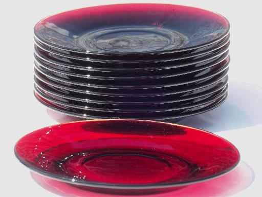 vintage ruby red glass, set of 10 small plates or saucers