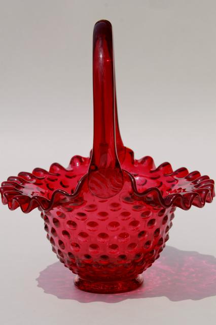 vintage ruby red hobnail glass brides's basket w/ Fenton glass label