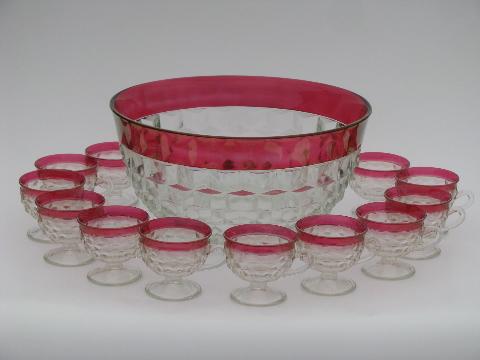 vintage ruby stain Whitehall cube pattern glass punch bowl and cups set