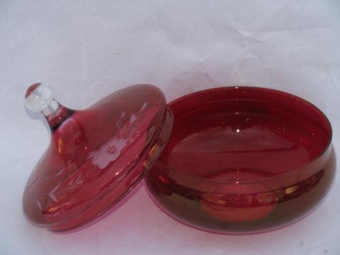 vintage ruby stain candy dish, flashed red color on etched glass