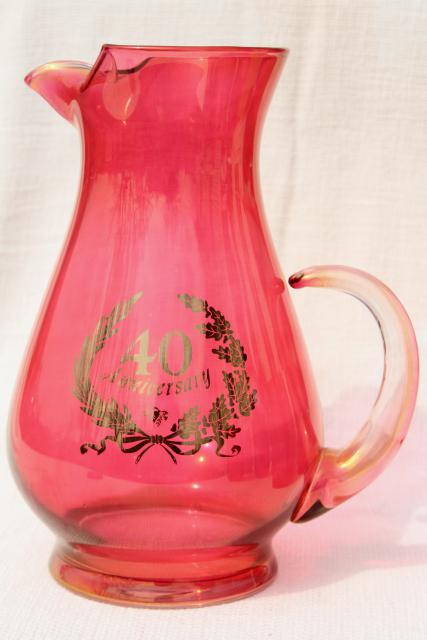 vintage ruby stain glass 40th anniversary pitcher & tumblers, West Virginia glass