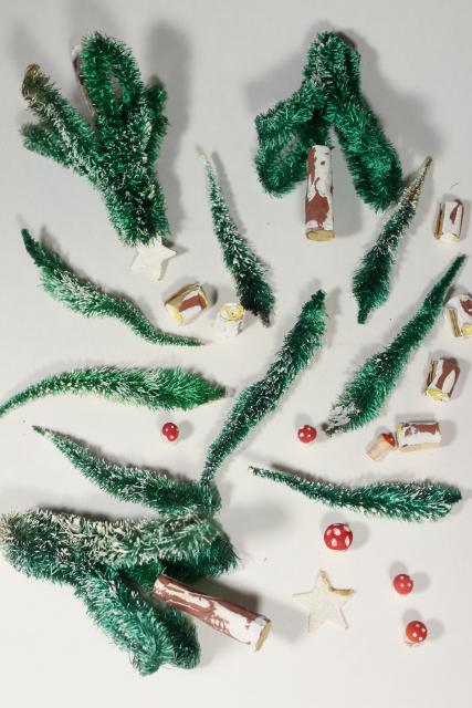 vintage rustic woodland Christmas decorations, bottle brush trees, miniature toadstool mushrooms