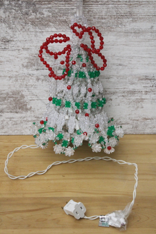 vintage safety pin beaded Christmas bell, electric light bell shape lamp green  white plastic beads