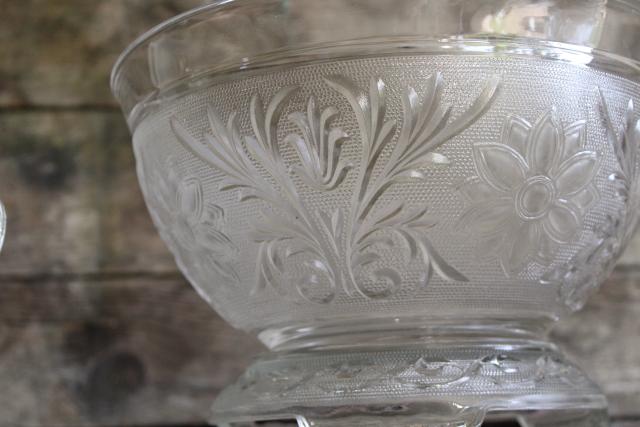 vintage sandwich pattern pressed glass punch set, crystal clear daisy bowl & cups