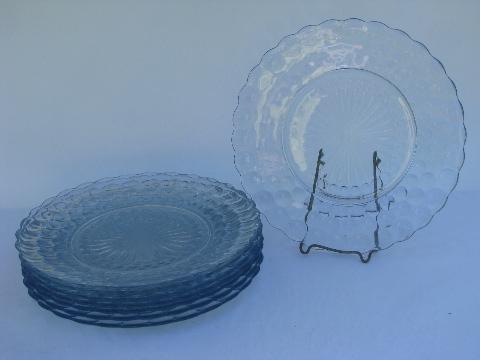 vintage sapphire blue bubble dinner plates, Anchor Hocking depression glass