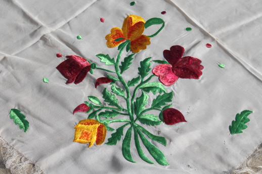 vintage scarves w/ silk satin stitch embroidery, embroidered flowers fabric for cutting