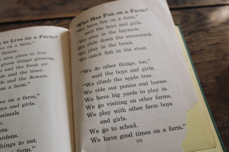 vintage school book, Farm Animals early reader black  white photos, green cloth cover