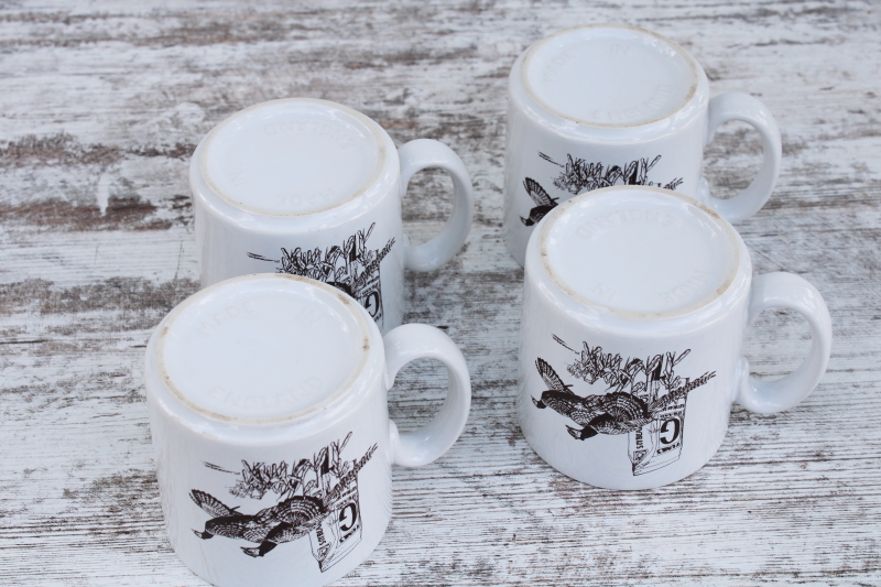 vintage set ceramic mugs, coffee cups w/ Funks farm seed soybeans advertising, J F Landenberger pheasants