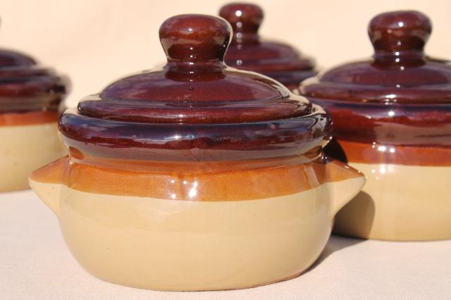 vintage set individual casseroles or covered bowls, brown band stoneware made in Japan