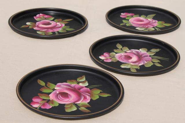 vintage set small round metal trays, hand painted tole ware w/ pink roses on black