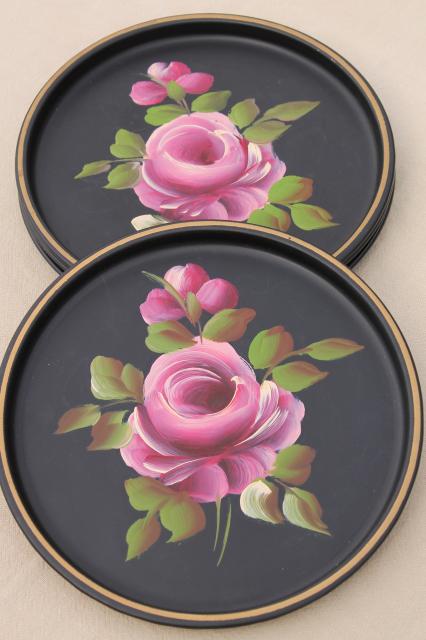 vintage set small round metal trays, hand painted tole ware w/ pink roses on black